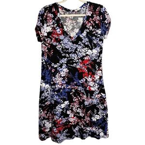 Marc New York Womens Performance Dress L Black Red Pockets Floral V-Neck Mini